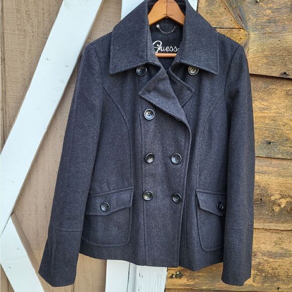 Vintage Guess Wool Blend Pea Coat Charcoal Grey Women's Medium - Picture 1 of 6